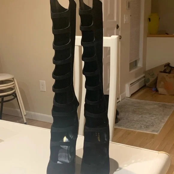 NWB RARE Saint Laurent Joplin Gladiator $3K Black Suede Boots Shoes Heels sz 37 - Picture 5 of 12